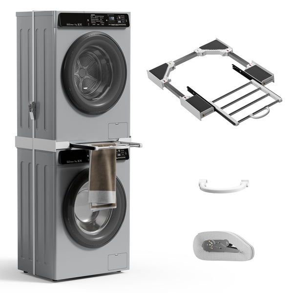 Universal Stacking Kit for Washer and Dryer, Adjustable Stacking Shelf Kit with Sliding Shelf for 51-76 cm Washer Dryer Intermediate Frame Stacking Bracket Kit with Ratchet Ropes