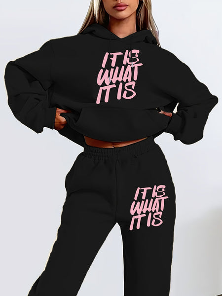 Women'S Letter Print Simple Hoodie & Sweatshirt Set - Autumn Long Sleeve Hooded for UK Ladies, Casual Everyday Outfit, Casual |Square Neckline|Drawstring Detail, Sweater Hoodie