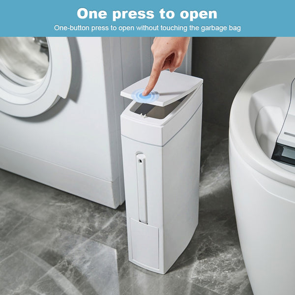 Slim Trash Can with Brush | Large Capacity Narrow Space Garbage Bin, Bathroom Waste Basket with Lid, Creative Home Cleaning Supplies, Plastic, Odor Sealing, No Electricity Needed