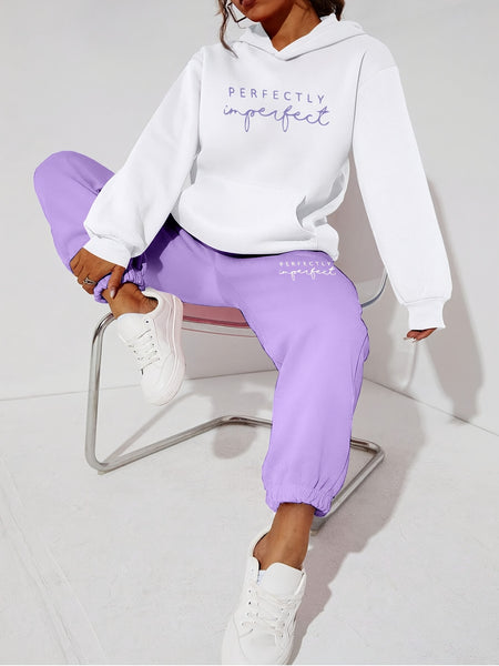 Women's Fashion Loose Swear Set, Color-Block Loose Hooded Set, PERFECTLY Letter Contrast Color Print Drawstring 2pcs Set, Casual, Trendy, Street Style