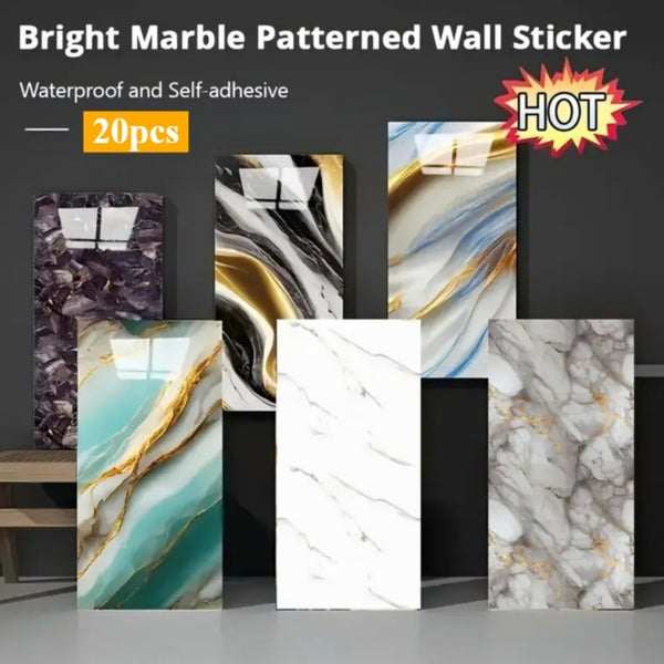 STOBOK 20pcs Self-Adhesive Decorative Tile Wall Stickers, Washable with Water, Featuring a Marble-Like Appearance. Perfect for Decorating Bathrooms, Kitchens, Living Rooms, Bedrooms, Offices, And Dorms - Shiny End