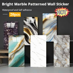 STOBOK 20pcs Self-Adhesive Decorative Tile Wall Stickers, Washable with Water, Featuring a Marble-Like Appearance. Perfect for Decorating Bathrooms, Kitchens, Living Rooms, Bedrooms, Offices, And Dorms - Shiny End