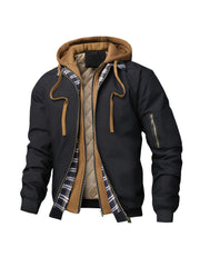 Men'S Plaid Hooded Zip-Up Jacket - Casual Loose Fit, Brown & Black Checkered Pattern, Drawstring Hood, Long Sleeves, Polyester Lining, Perfect for Spring, Fall & Winter, Autumn Winter Jacket | Plaid Pattern Jacket | Zippered Jacket