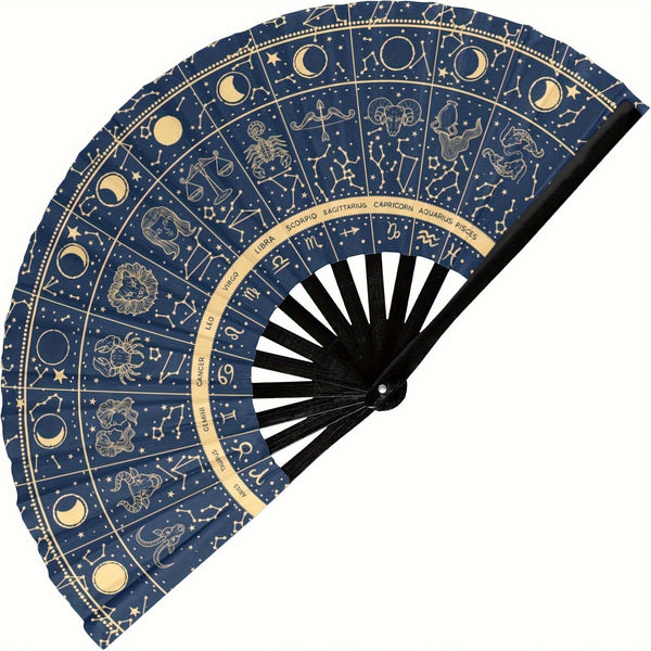 [Golden Zodiac Fan] Golden Navy Blue Zodiac Constellation Folding Hand Fan | Novelty Design for Dance Cosplay, Weddings, Parties & Role-Playing Props
