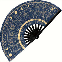 [Golden Zodiac Fan] Golden Navy Blue Zodiac Constellation Folding Hand Fan | Novelty Design for Dance Cosplay, Weddings, Parties & Role-Playing Props