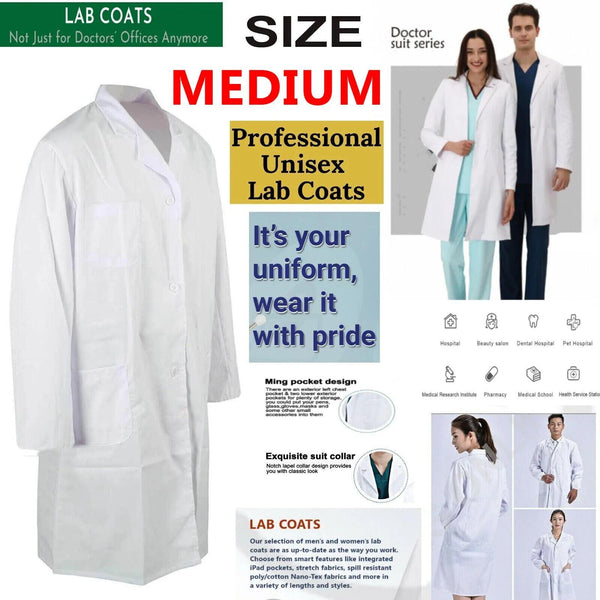 ATEK White Lab Coat - Premium Cotton Blend, Medium Size, Ideal for Food Industry, Labs, Medical Professionals - Breathable, Durable, Easy Maintenance