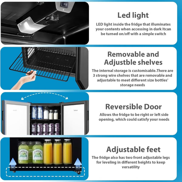 Midea COMFEE' Under Counter Drinks Fridge - 93L Capacity, Holds Up To 115 Cans, Precision Cooling (2℃ To 15℃), Full-Length Low-E Glass Door, Removable Shelves, LED Light, Low Noise [Energy Class E] - Essential for Home Kitchens & Dorms
