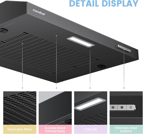 COMFEE' 60 Cm Visor Cooker Hood SLIF17B-60 LED Extractor Hood under Cabinet Hood Wall Mounted Extractor Fan 600 Mm Top Vented Range Hood - Black KWH-SLIF17B-60