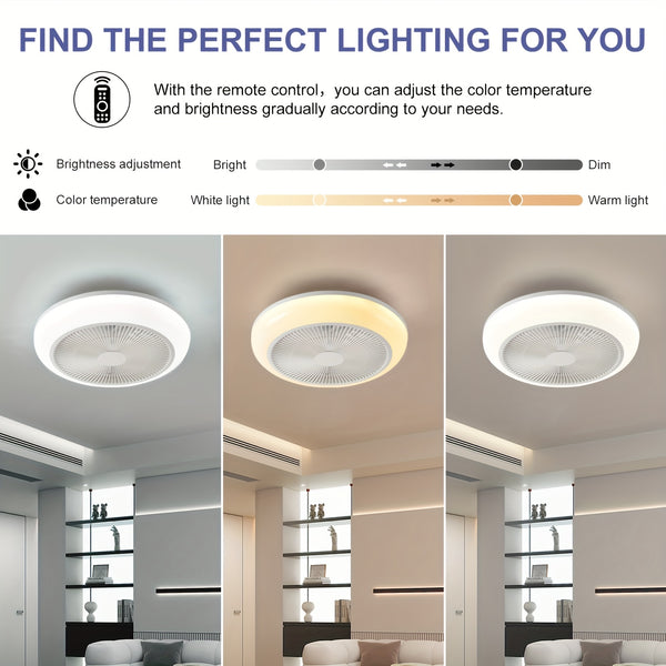 1pc Ceiling Fans with Lights, LED Fan Light Kit, Low Profile Ceiling Fans, Bladeless Ceiling Fan Remote Control Enclosed Flush Mount Ceiling Fan with Timming, 3000-6000K for Living Room, Bedroom, Attic, Kitchen, Laundry Room, Dining Room