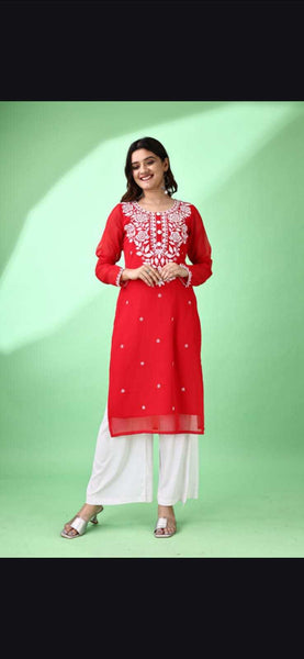 Estationeryhouse Women's Georgette Lucknowi chikankari kurti, Rose Design with Heavy Embroidery, Without Bottom