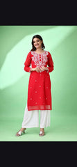 Estationeryhouse Women's Georgette Lucknowi chikankari kurti, Rose Design with Heavy Embroidery, Without Bottom