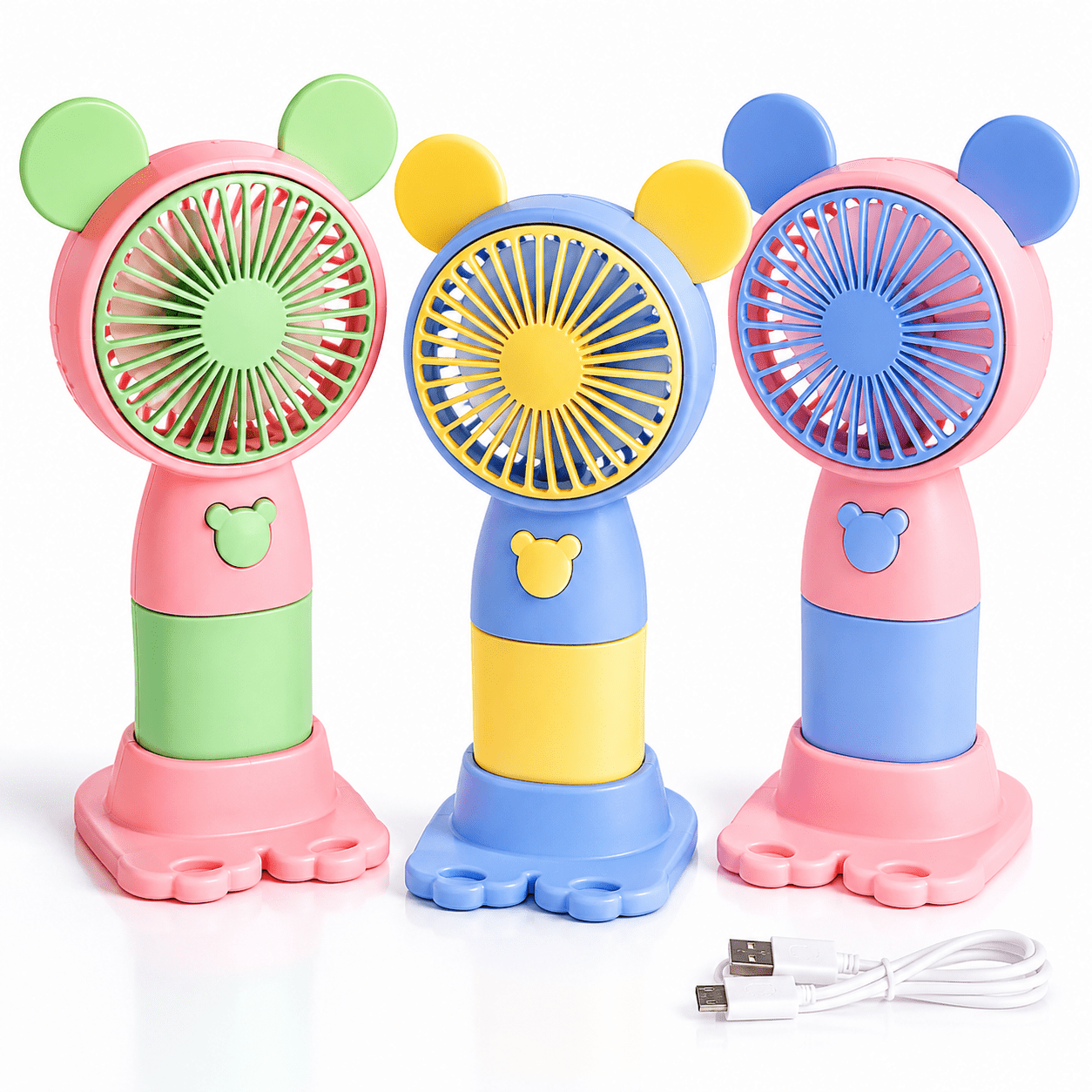 Cute USB Rechargeable Handheld Fan with Stand – Portable Mini Desk Cooling Fan 3 Speed Levels – Random Colour - 1pc INCLUDED