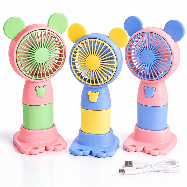 Cute USB Rechargeable Handheld Fan with Stand – Portable Mini Desk Cooling Fan 3 Speed Levels – Random Colour - 1pc INCLUDED