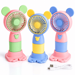 Cute USB Rechargeable Handheld Fan with Stand – Portable Mini Desk Cooling Fan 3 Speed Levels – Random Colour - 1pc INCLUDED