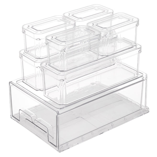 Stackable Refrigerator Organizer Bins with Lids, Stackable and Pull-out Plastic Refrigerator Storage Box, Kitchen Supplies Storage Box Set of 7