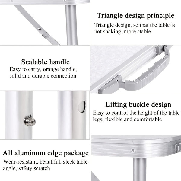 Folding Picnic Table Aluminum Camping Table Lightweight 3 Gear Adjustable Height Portable Folding Table with Carry Handle Adjustable Garden Outdoor Picnic Table Kitchen Work Top Table, White, 120x60x70/62/55cm