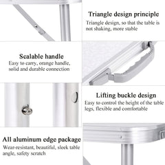 Folding Picnic Table Aluminum Camping Table Lightweight 3 Gear Adjustable Height Portable Folding Table with Carry Handle Adjustable Garden Outdoor Picnic Table Kitchen Work Top Table, White, 120x60x70/62/55cm