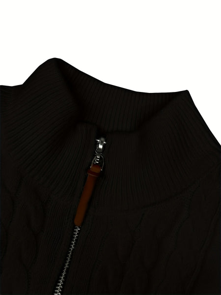 Men's Sweater, Half-high Collar Zip-up Cable Knit Sweater, with Adjustable Collar Opening, Crafted Using Classic Cable Knit Technique, Simple and Versatile, Suitable for Casual Daily Wear, Presenting a Mature and Stable Fashion Style, Ideal for