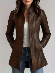 CHIDU Women's Leather Jacket, PU Slim-fit Retro Motorcycle Women's Jacket, Windproof Women's Jacket, Suitable for Spring, Autumn And Winter Jackets, Pockets, Zipper, Turtleneck, Global ALL, Mid-length Casual Women's Jacket