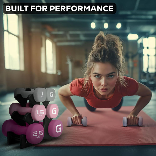 Gallant Weights Dumbbells Set Women- Hex Shaped Neoprene Hand Weights for Women and Men- Ideal for Home Gym Fitness Weight Training Pilates - Pink 10KG Set (1kg, 1.5kg, 2.5kg Pair)