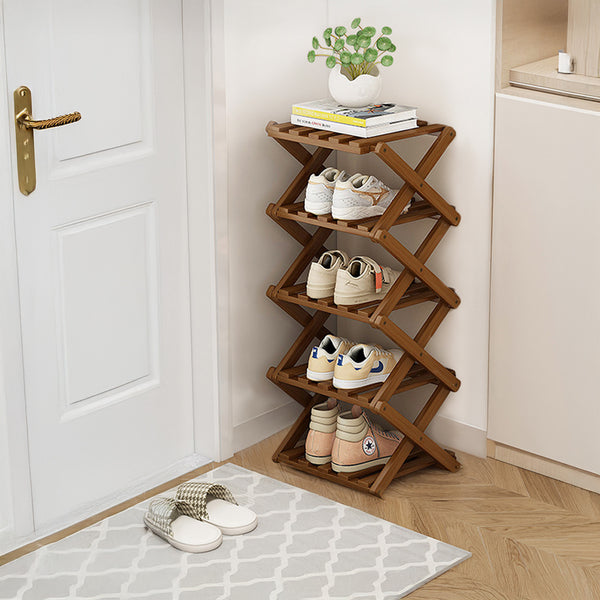 4/5/6/7 Tiers Bamboo Wooden Shoe Rack, Vertical Shoe Racks Storage Shelves Tall Shoe Tower, Collapsible Narrow Shoe Stand, Installation Free Folding X-Shape Shoe Racks Sneakers Slippers Holder Organizer, Multi Functional Shoe Rack Durable Footwear Cabinet