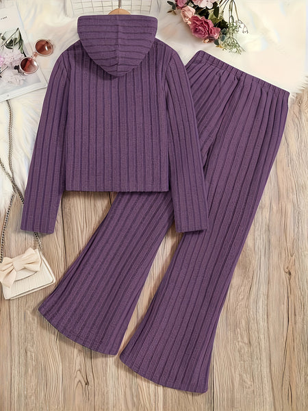 A Set of Women's Ribbed Letter Applique Hoodie and Flared Pants