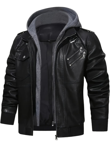 Men'S Black Hooded Jacket - Casual Style, Full-Zip Design with Pockets, Long Sleeves, Polyester Lining, Perfect for Outdoor Activities