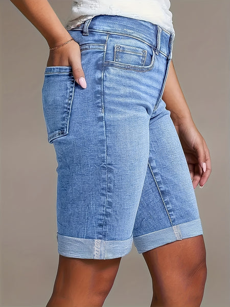 Women'S 2026 Summer New Stretchy High-Waisted Tummy Control Denim Shorts, Light Blue Washed with Pockets Slim-Fit Cuffed Casual Shorts, Comfortable Spring/Summer Ladies' Jeans Pants for Travel And Work - Boyfriend-Style Shorts