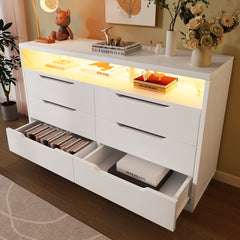 Marbled 6-Drawer Sideboard, Modern Storage Cabinet with Lighting & Shelves, Chest of Drawers for Living Room Home Office, 85 x 120 x 40 cm, White