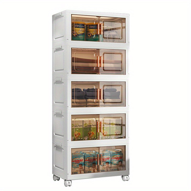 5-Tier Collapsible Plastic Storage Bins with Magnetic Doors & Wheels - Stackable High Quality Organizer, Transparent Tawny, Large Capacity (55.12x33.02x153.92cm) for Bedroom, Living Room, Kitchen, Entryway - Easy Tool-Free Assembly, Modern Aesthetic, Smoo