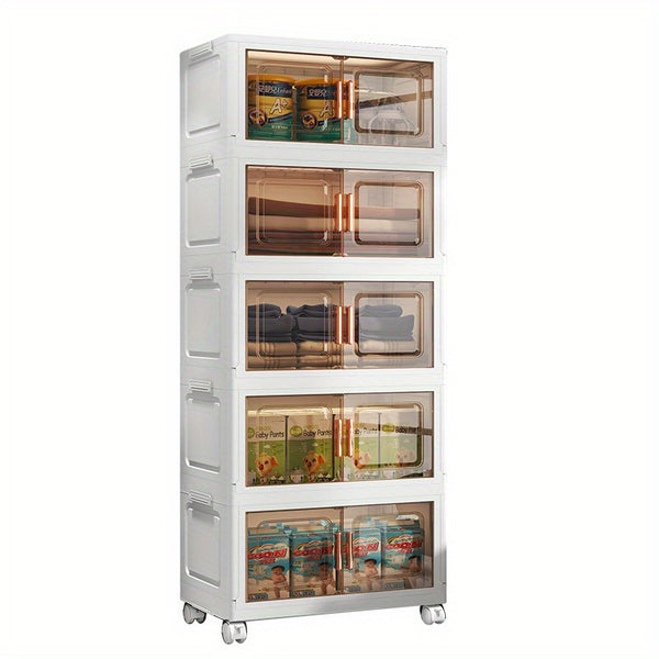 5-Tier Collapsible Plastic Storage Bins with Magnetic Doors & Wheels - Stackable High Quality Organizer, Transparent Tawny, Large Capacity (55.12x33.02x153.92cm) for Bedroom, Living Room, Kitchen, Entryway - Easy Tool-Free Assembly, Modern Aesthetic, Smoo