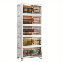 5-Tier Collapsible Plastic Storage Bins with Magnetic Doors & Wheels - Stackable High Quality Organizer, Transparent Tawny, Large Capacity (55.12x33.02x153.92cm) for Bedroom, Living Room, Kitchen, Entryway - Easy Tool-Free Assembly, Modern Aesthetic, Smoo