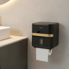Hole-Free Wall-Mounted Tissue Box for Bathrooms, Waterproof Bathroom Storage Rack, Kitchen Paper Holder, Toilet Roll Holder, Dual-Purpose Tissue/Roll Dispenser, Multi-Functional Tissue Storage Rack, Compact Design, Black, Suitable for Bathrooms, Kitchens,