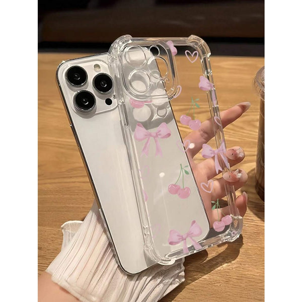 Phone Case: Girly Pink Cherry Bow Shockproof Anti-Slip Transparent Phone Case, for iPhone 17 Promax/Pro/ Air, 16 Plus, 15, 14 Pro Max, 13, 12, 11.wonderful Gift for Friends, Boys, Girls or Family.