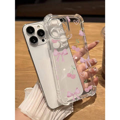 Phone Case: Girly Pink Cherry Bow Shockproof Anti-Slip Transparent Phone Case, for iPhone 17 Promax/Pro/ Air, 16 Plus, 15, 14 Pro Max, 13, 12, 11.wonderful Gift for Friends, Boys, Girls or Family.