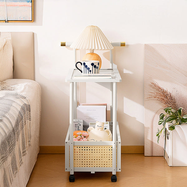 1PC Multifunctional Living Room Side Table with Wheels, Mobile Coffee Table Featuring Storage Basket and Shelves, Modern Storage Rack, Suitable for Living Rooms, Bedrooms, and Offices