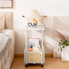 1PC Multifunctional Living Room Side Table with Wheels, Mobile Coffee Table Featuring Storage Basket and Shelves, Modern Storage Rack, Suitable for Living Rooms, Bedrooms, and Offices