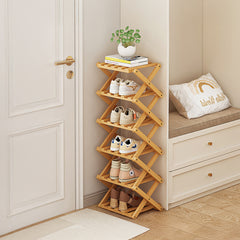 4/5/6/7 Tiers Bamboo Wooden Shoe Rack, Vertical Shoe Racks Storage Shelves Tall Shoe Tower, Collapsible Narrow Shoe Stand, Installation Free Folding X-Shape Shoe Racks Sneakers Slippers Holder Organizer, Multi Functional Shoe Rack Durable Footwear Cabinet