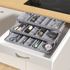 Dining Set Drawer Organizer Box, Collapsible Drawer Organizer 3 Tiers 3 Tray Folding Portable Expandable Desk Organizer Trays for Office Supplies Kitchen Gadgets Utensils Jewelry Makeup