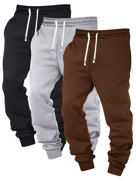 Three-pc Men's Solid Color Plain Elastic Waistband Drawstring Ribbed Cuffed Casual Jogger Pants, Men's Dress Administrative Trousers