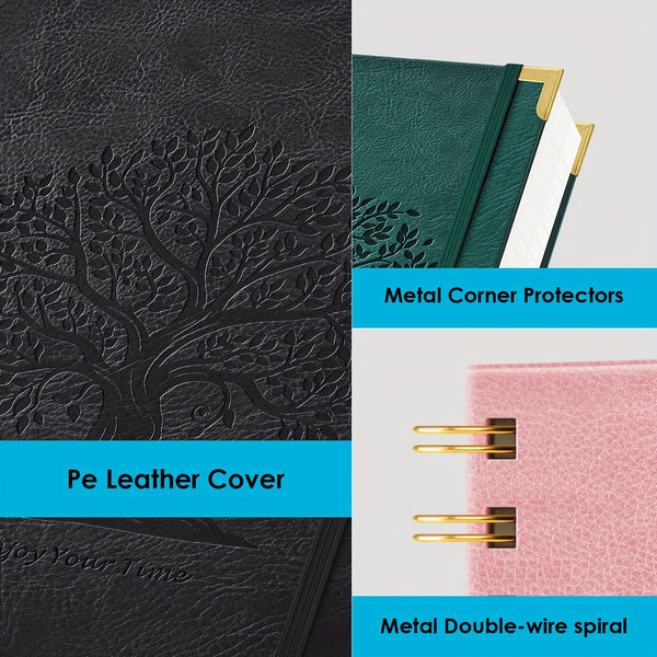 Notebook Notepad A5, 300 Pages Wirebound Spiral Notebook, 100GSM Thick Paper, No Bleed, Leather Cover Journal with Tree Design & Golden Spiral Binding, Perfect for School Writing, 16.5 X 21cm