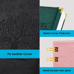 Notebook Notepad A5, 300 Pages Wirebound Spiral Notebook, 100GSM Thick Paper, No Bleed, Leather Cover Journal with Tree Design & Golden Spiral Binding, Perfect for School Writing, 16.5 X 21cm