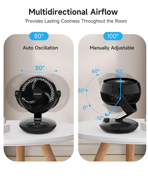 Desktop Air Circulator Fan, Quiet Three-Speed Desktop Fan, 80° Oscillation, 100° Adjustable Tilt, 12-Meter Long-Distance Air Delivery, Removable Front Cover, Black, Suitable for Bedroom/Office.