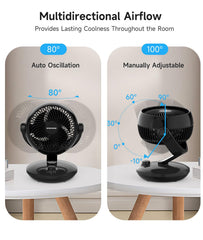 Desktop Air Circulator Fan, Quiet Three-Speed Desktop Fan, 80° Oscillation, 100° Adjustable Tilt, 12-Meter Long-Distance Air Delivery, Removable Front Cover, Black, Suitable for Bedroom/Office.