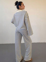 Women'S Color Matching Stripe Long Sleeve Top & Wide Leg Trousers Co-ord, Street Womenswear
