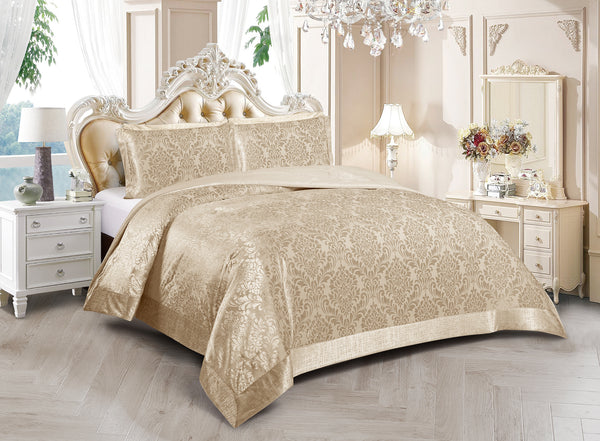 3 Piece Velvet Quilted Bedspread Set Jacquard Damask Bed Cover with Pillow Shams | Luxury Soft Polyester Bedspread for Double King Super King Beds | Modern Elegant Bedroom Bedding Set