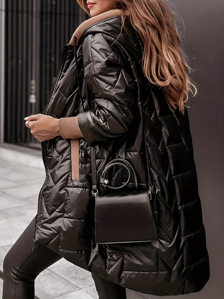 Women's Warm Winter Coat, Hooded Jacket, Mid-Length with Pockets and Asymmetrical Hem Padded Coat