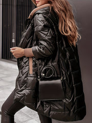 Women's Warm Winter Coat, Hooded Jacket, Mid-Length with Pockets and Asymmetrical Hem Padded Coat