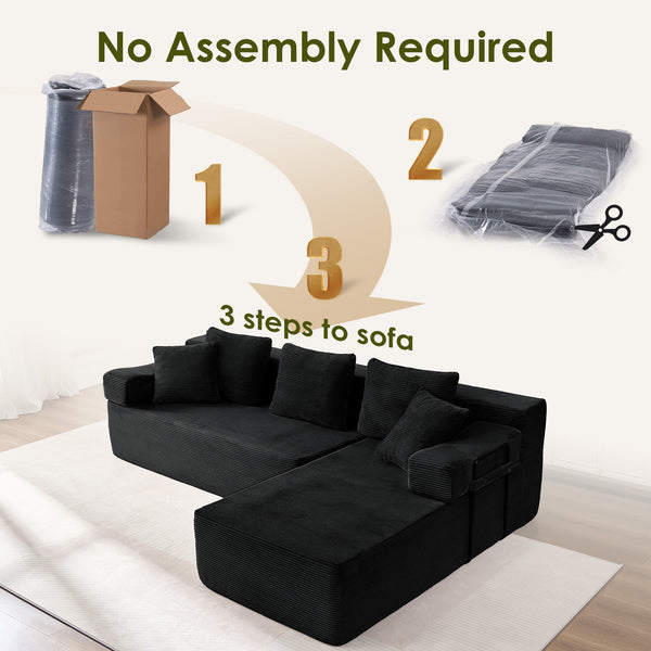 ROXGOX L-Shaped Sectional Sofa with Reversible Chaise, Left or Right Facing Modular Couch, No Assembly Required, Perfect for Small Apartment, Black Borwn Grey