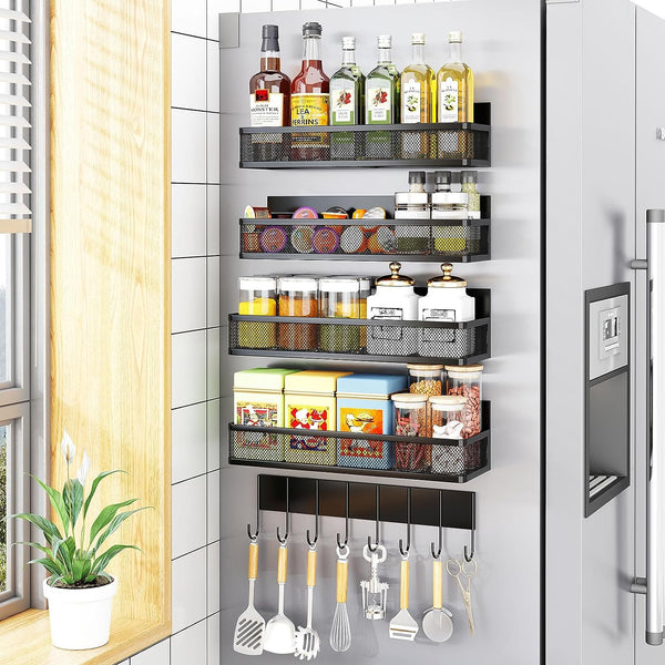 Aufworld Magnetic Spice Rack for Refrigerator, 2 Pack Magnetic Shelf, Fridge Magnet Organizer with Moveable 4 Hooks, Magnet Fridge Shelf for Kitchen Organization and Storage (2 Pack)